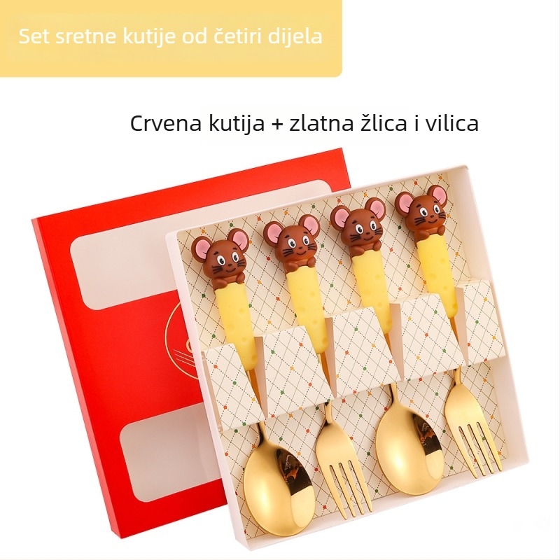 Set dječjih pribora od nehrđajućeg čelika s crtićnim motivom miša i voća — žlica za juhu, žlica za jelo, vilica, poklon kutija