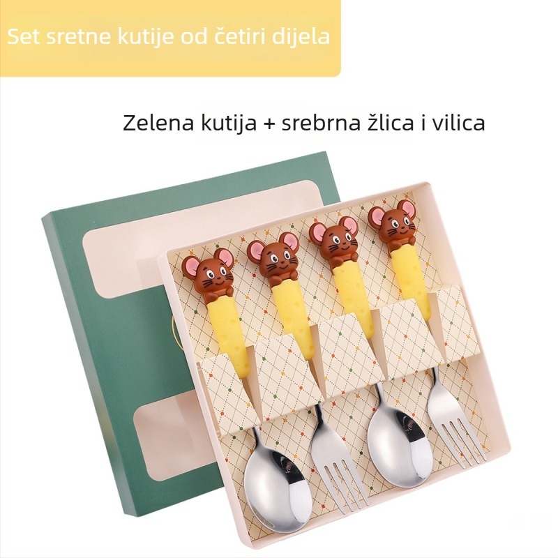 Set dječjih pribora od nehrđajućeg čelika s crtićnim motivom miša i voća — žlica za juhu, žlica za jelo, vilica, poklon kutija
