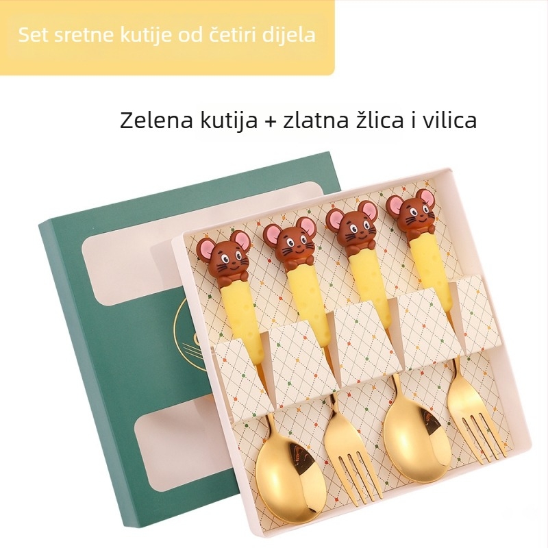 Set dječjih pribora od nehrđajućeg čelika s crtićnim motivom miša i voća — žlica za juhu, žlica za jelo, vilica, poklon kutija