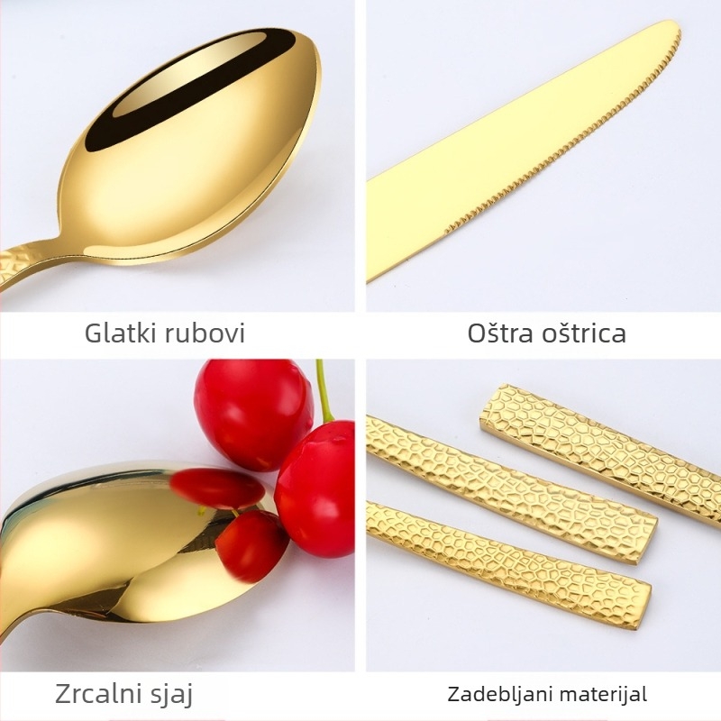 Set pribora od nehrđajućeg čelika s ručkama s teksturom udarca – nož, vilica, žlica, vilica za čaj i žličica za čaj za zapadni način serviranja