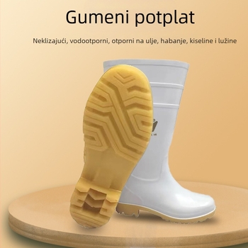 Bijele PVC gumene čizme za kišu s visokim gornjim dijelom i potplatom od teleće tetive, vodonepropusne, otporne na habanje, otporne na kiseline i baze, za kuhinju i vodene radne uvjete.