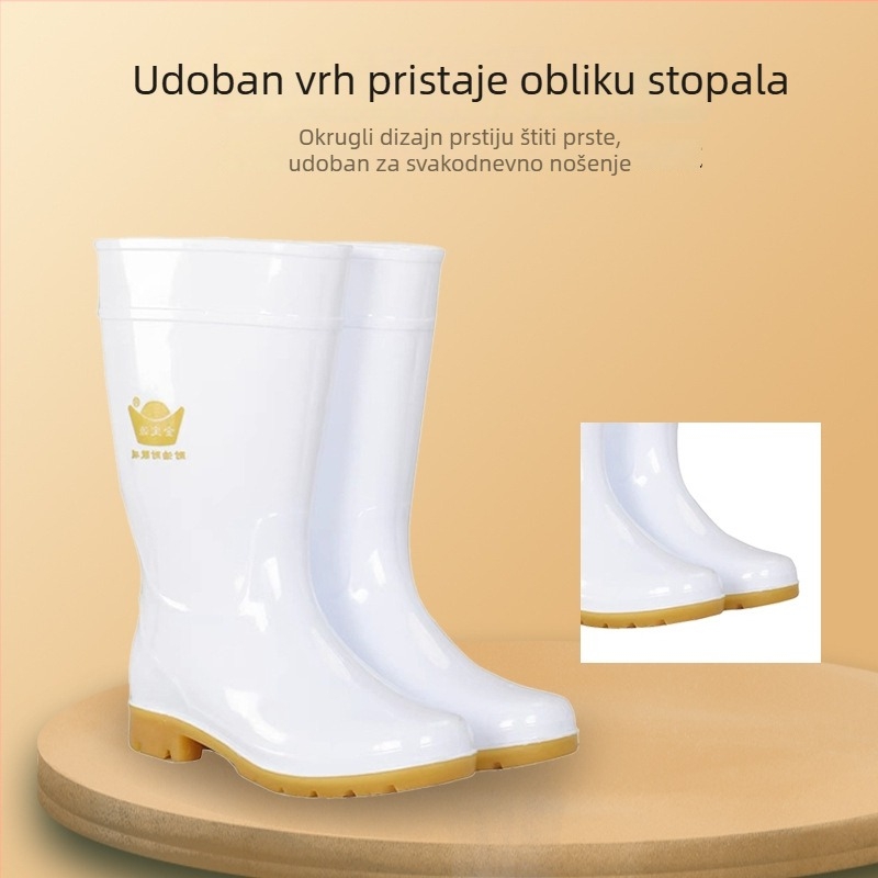 Bijele PVC gumene čizme za kišu s visokim gornjim dijelom i potplatom od teleće tetive, vodonepropusne, otporne na habanje, otporne na kiseline i baze, za kuhinju i vodene radne uvjete.
