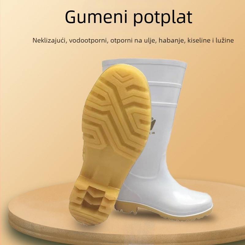 Bijele PVC gumene čizme za kišu s visokim gornjim dijelom i potplatom od teleće tetive, vodonepropusne, otporne na habanje, otporne na kiseline i baze, za kuhinju i vodene radne uvjete.