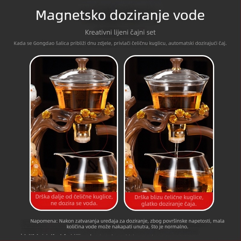 Čajni set 2024: stakleni magnetski čajnik, uređaj za pripremu čaja, čaše i pladanj, sustav odvajanja čaja i vode, prenosni kung fu čajni set