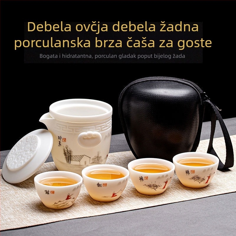 Set za čaj od jadeita u Dehua bijelom porcelanu, za vanjska putovanja, prijenosna šalica