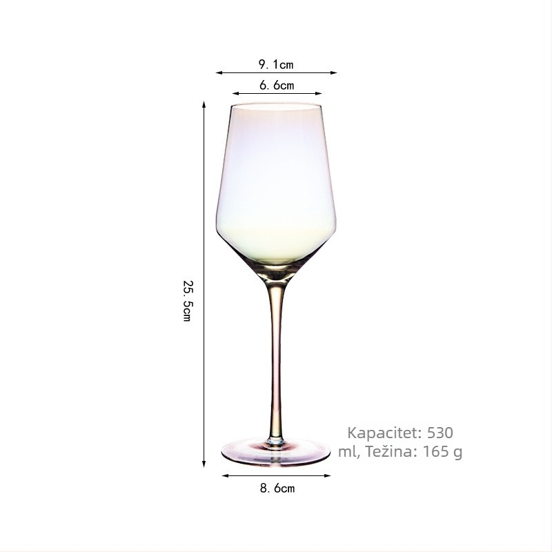 Šareni kristalni set čaša za crveno vino s dekantrom u obliku harfe i U-oblikom te visokim staklima.