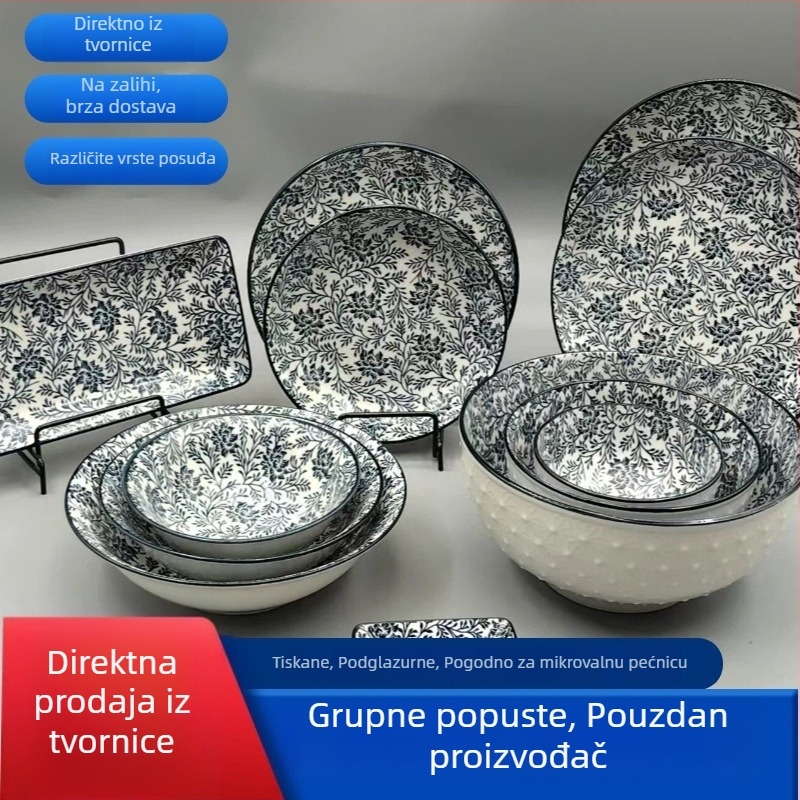 Japanski stil keramičkih tanjura s podglazurnim motívom grančice – moderni minimalistički servis za jelo, tanjuri za sushi, zdjele sa snježnim pahuljama i zdjele za voće