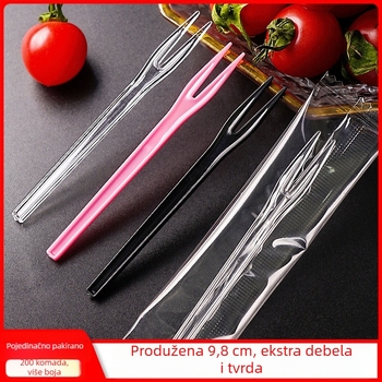 Dvozubna vilica za voće, prozirna plastična, jednokratna, pakirana pojedinačno