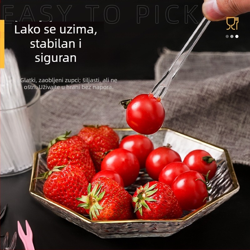 Dvozubna vilica za voće, prozirna plastična, jednokratna, pakirana pojedinačno