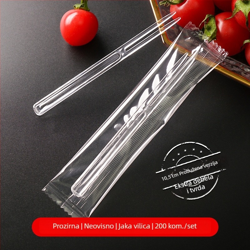 Dvozubna vilica za voće, prozirna plastična, jednokratna, pakirana pojedinačno