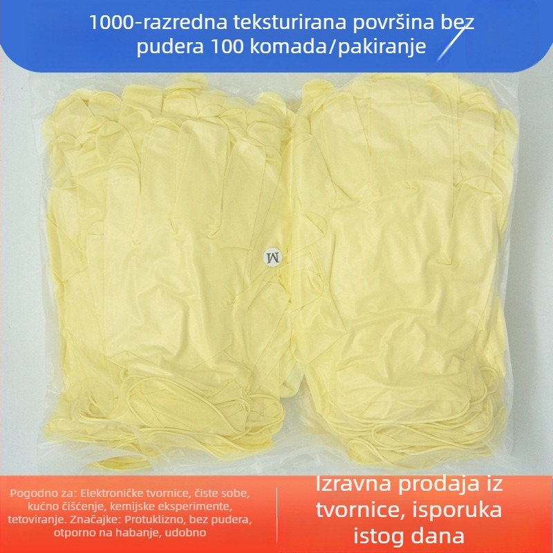 Lateks rukavice za čistu sobu klase 1000, antistatične, bez pudera, jednokratne, veličine 9–12 inča, glatke ili teksturirane površine, debelje