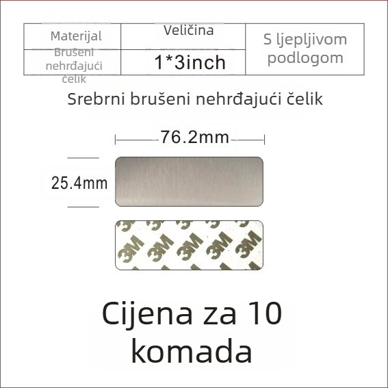 Prazna tablica za ime od nehrđajućeg čelika za lasersko graviranje, brušena završna površina; boje: zlatna, crni titan, srebrna; dimenzije 76,2 × 25,4 mm; 10 komada s ljepilom.