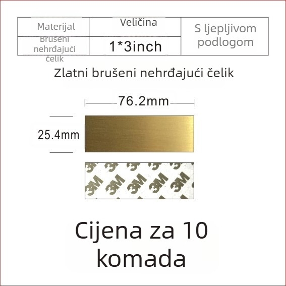 Prazna tablica za ime od nehrđajućeg čelika za lasersko graviranje, brušena završna površina; boje: zlatna, crni titan, srebrna; dimenzije 76,2 × 25,4 mm; 10 komada s ljepilom.