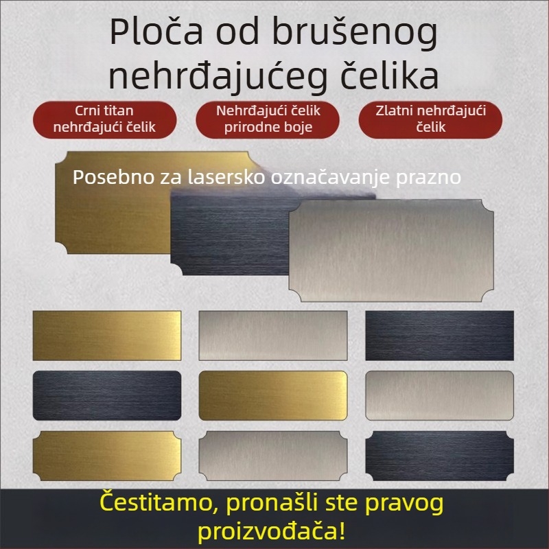 Prazna tablica za ime od nehrđajućeg čelika za lasersko graviranje, brušena završna površina; boje: zlatna, crni titan, srebrna; dimenzije 76,2 × 25,4 mm; 10 komada s ljepilom.