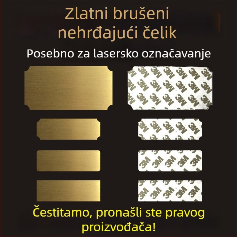 Prazna tablica za ime od nehrđajućeg čelika za lasersko graviranje, brušena završna površina; boje: zlatna, crni titan, srebrna; dimenzije 76,2 × 25,4 mm; 10 komada s ljepilom.