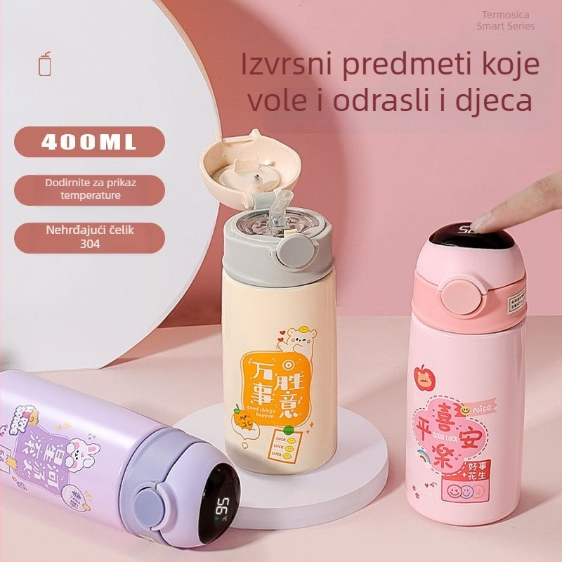 Dječji termos čaša od 304 nehrđajućeg čelika, karikatura dizajn, prijenosna čaša sa slamkom i vijčanim poklopcem