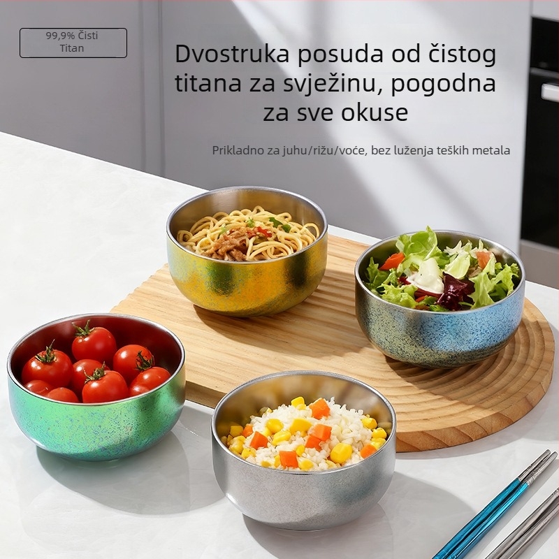 Miska od čistog titana, velika dvostruko slojevita debela zdjela za kućnu upotrebu i restoran, kampiranje na otvorenom
