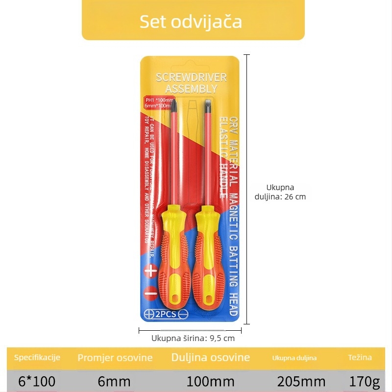 Izolirani odvijač za visokim naponom s magnetskim vrhom za električare — ravna i križna glava, visoko čvrst alatni čelik S2, silikon ručka