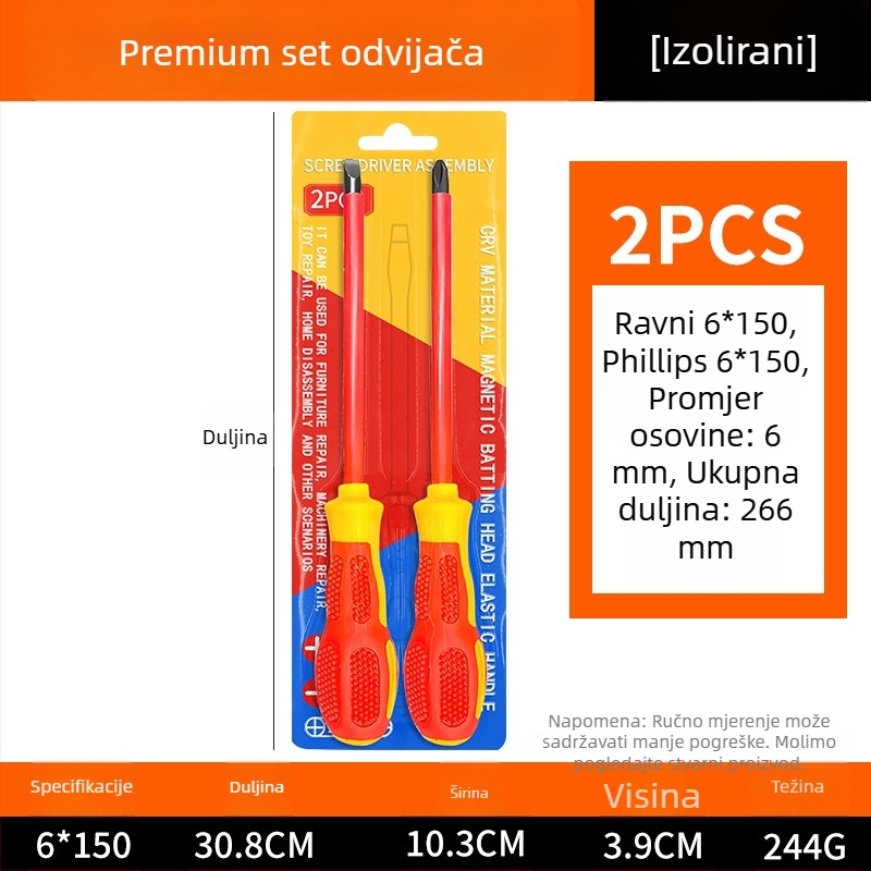 Izolirani odvijač za visokim naponom s magnetskim vrhom za električare — ravna i križna glava, visoko čvrst alatni čelik S2, silikon ručka