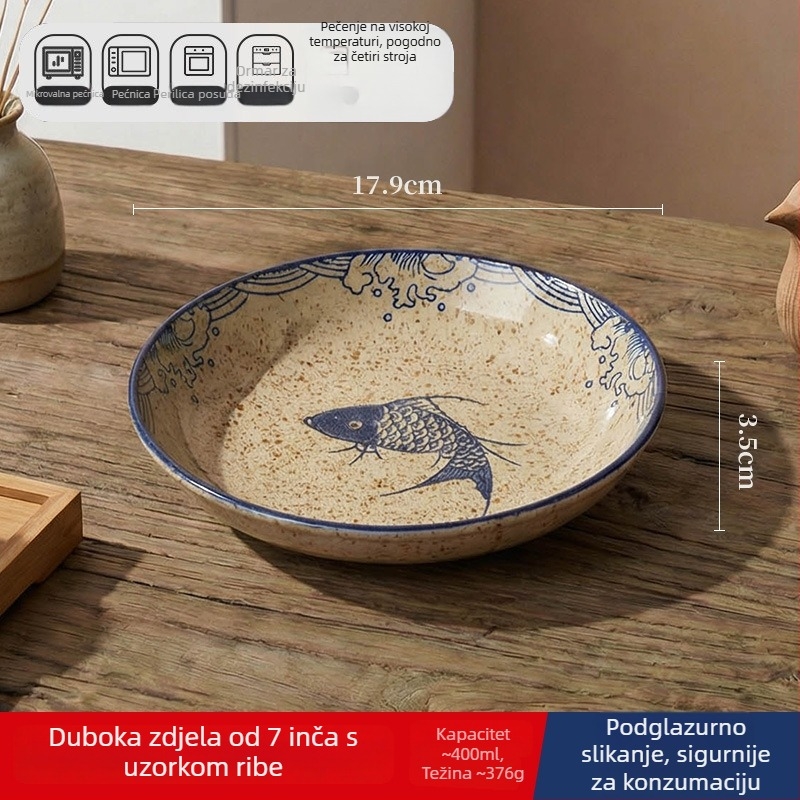 Keramička duboka ploča u japanskom stilu za kućnu upotrebu, okrugla, promjer 17–18 cm; pogodna za ribu, voće i suho voće