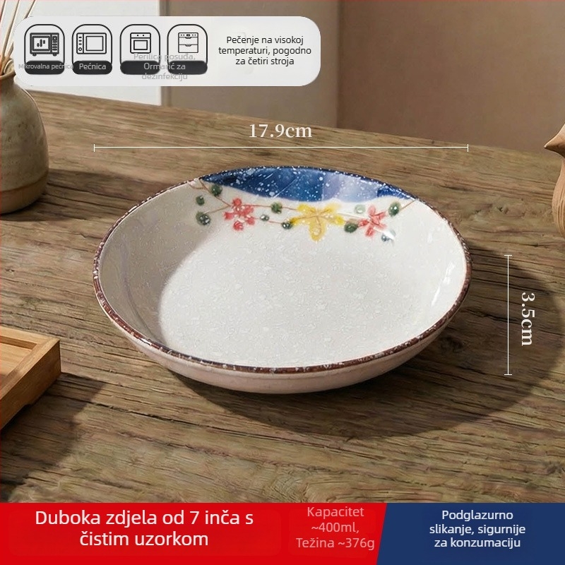 Keramička duboka ploča u japanskom stilu za kućnu upotrebu, okrugla, promjer 17–18 cm; pogodna za ribu, voće i suho voće
