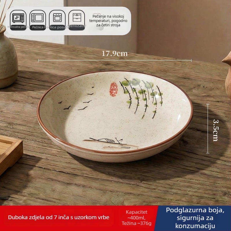 Keramička duboka ploča u japanskom stilu za kućnu upotrebu, okrugla, promjer 17–18 cm; pogodna za ribu, voće i suho voće