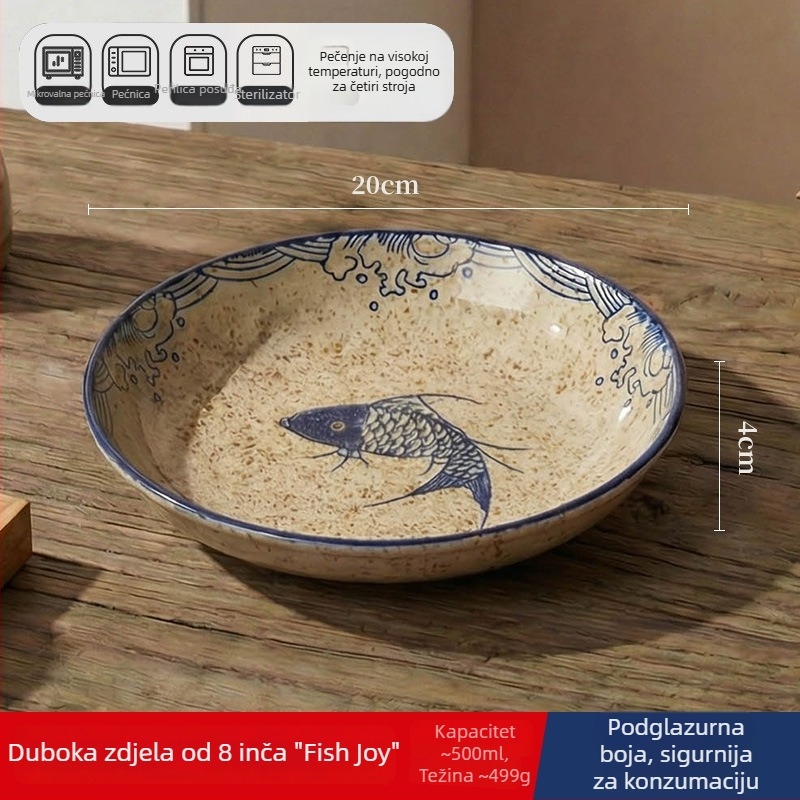 Keramička duboka ploča u japanskom stilu za kućnu upotrebu, okrugla, promjer 17–18 cm; pogodna za ribu, voće i suho voće