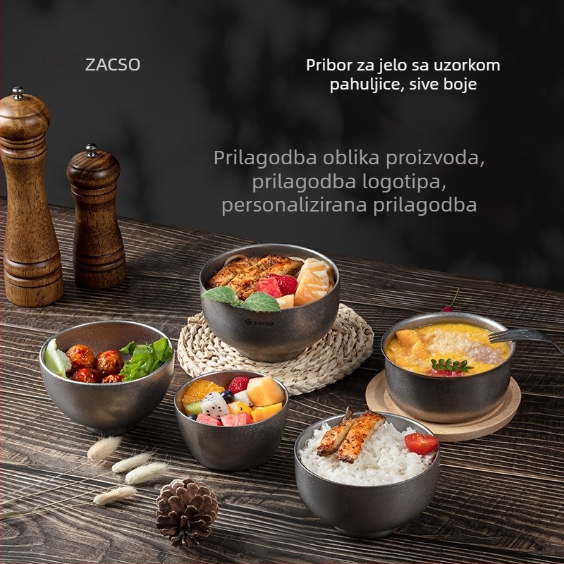 Industrijsko retro posuđe za stol: vanjska nehrđajuća dvostruko slojevita zdjela za rezance, snežno siva boja, korejskog stila.