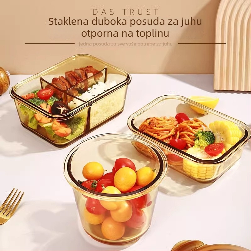 Genesis Staklena kutija za ručak s zdjelom kaše – zatvorena kutija za čuvanje, mikrovalna kompatibilnost, okrugli stakleni spremnik s poklopcem