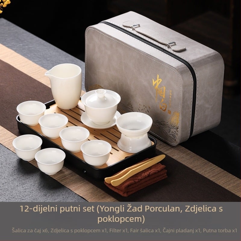 Set čaja od bijelog porculana nalik jadeu, Gongfu stil — komplet: čajnik, gaiwan i šalice, prijenosna darovna kutija s otiskom logotipa