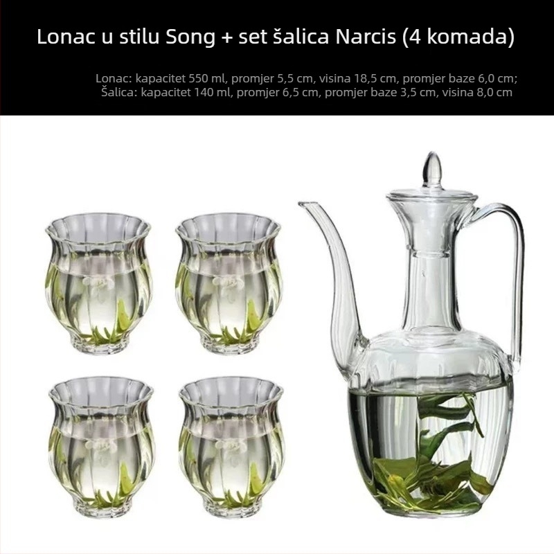 Prozirni stakleni čajnik za zeleni čaj, u stilu Song dinastije, ručni držač, otporan na toplinu, retro dizajn