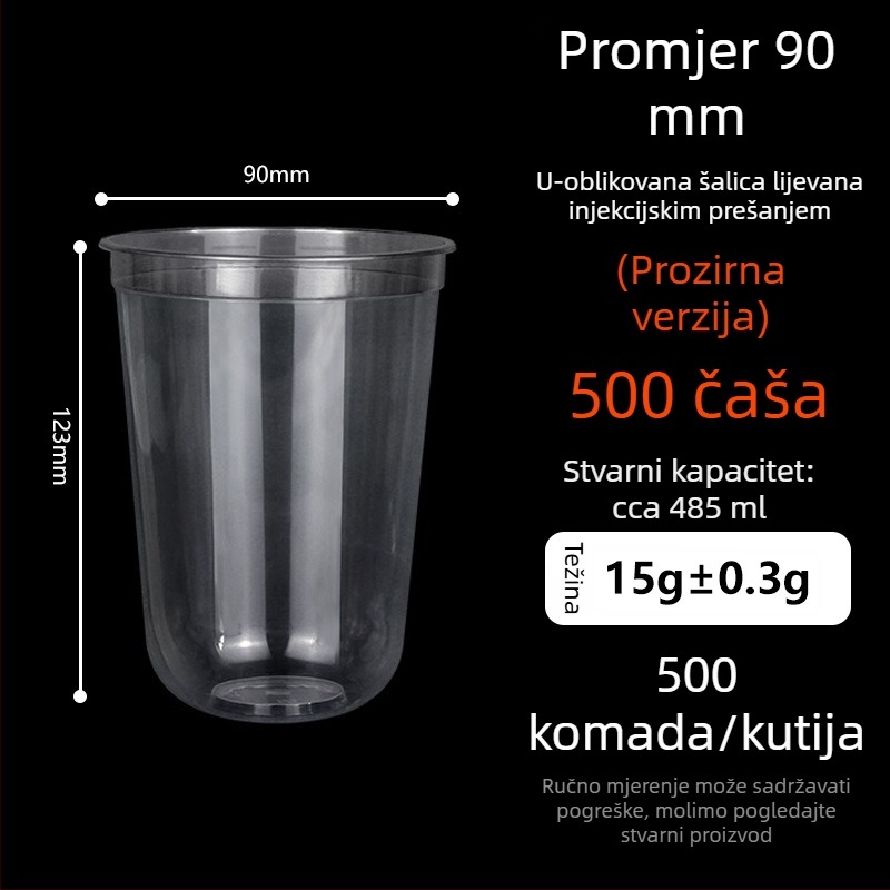 Ding Shan U-oblik čaše za mliječni čaj, promjer 90 mm, jednokratna plastična čaša za sokove i napitke, ubrizgano oblikovanje, kapacitet 500–700 ml, mogućnost prilagođene štampe logotipa