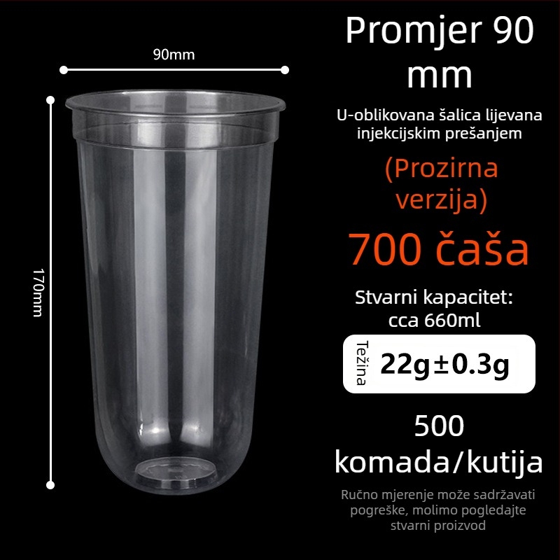 Ding Shan U-oblik čaše za mliječni čaj, promjer 90 mm, jednokratna plastična čaša za sokove i napitke, ubrizgano oblikovanje, kapacitet 500–700 ml, mogućnost prilagođene štampe logotipa
