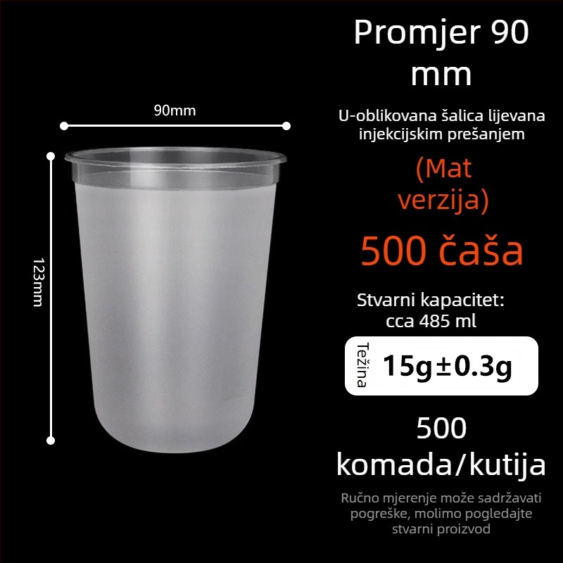 Ding Shan U-oblik čaše za mliječni čaj, promjer 90 mm, jednokratna plastična čaša za sokove i napitke, ubrizgano oblikovanje, kapacitet 500–700 ml, mogućnost prilagođene štampe logotipa