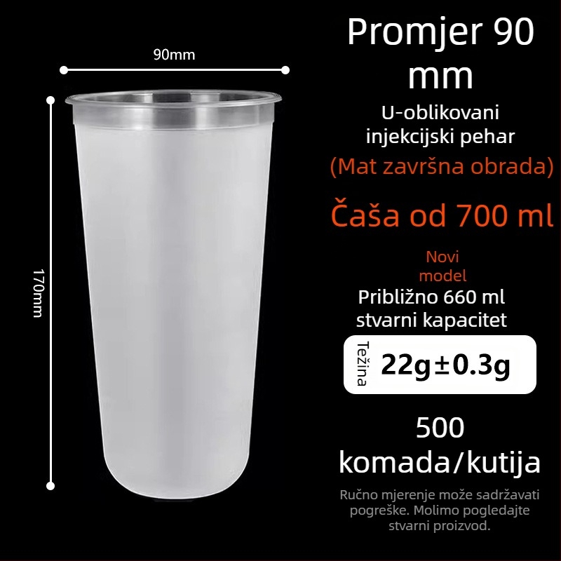 Ding Shan U-oblik čaše za mliječni čaj, promjer 90 mm, jednokratna plastična čaša za sokove i napitke, ubrizgano oblikovanje, kapacitet 500–700 ml, mogućnost prilagođene štampe logotipa
