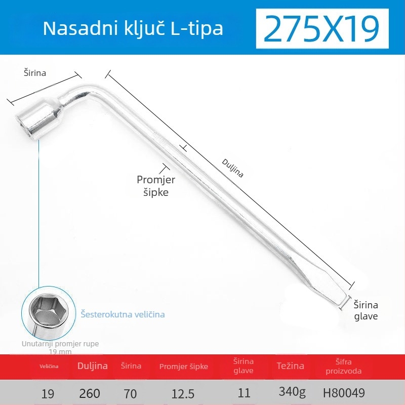 Produženi teški L-oblik ključ za matice kotača automobila
