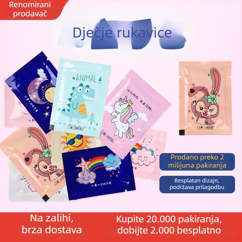 Dječje jednokratne rukavice, prehrambene kvalitete, deblje, individualno pakirane, simpatičan karikatura dizajn, PE materijal