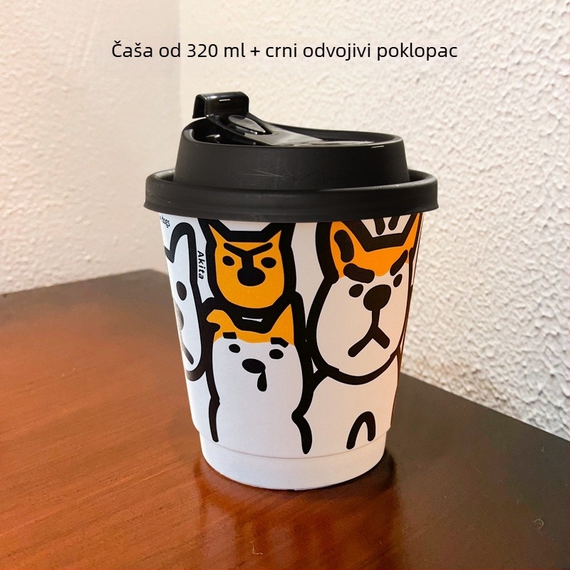Jednokratna debela papirnata čaša s poklopcem - dvostruka čaša za tople i hladne napitke, za kavu, čaj s mlijekom i sojino mlijeko, 301-400 ml