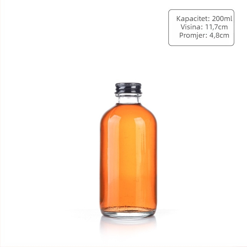 Staklena boca za piće s aluminijskim poklopcem, okruglog oblika i uskim vrhom; pogodna za čaj s mlijekom i sokove; Boston stil, 100 ml i 500 ml