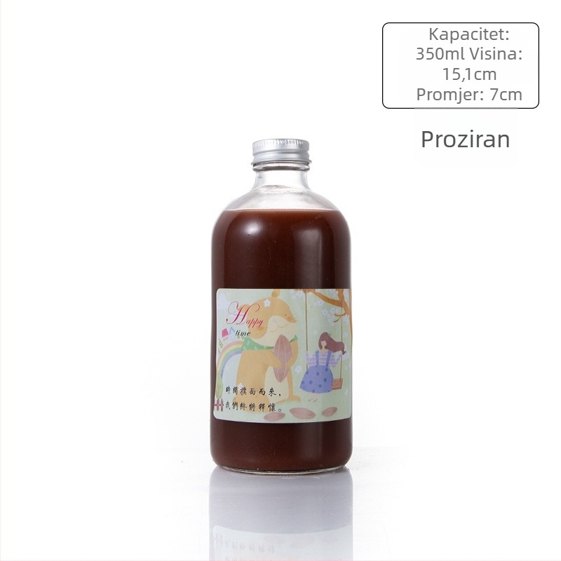 Staklena boca za piće s aluminijskim poklopcem, okruglog oblika i uskim vrhom; pogodna za čaj s mlijekom i sokove; Boston stil, 100 ml i 500 ml
