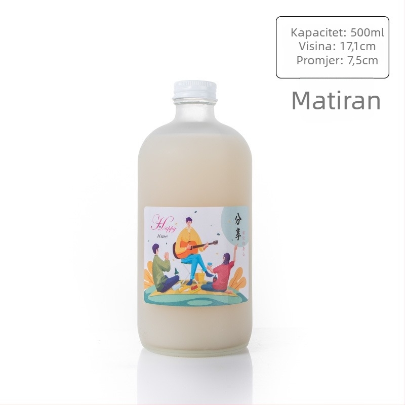 Staklena boca za piće s aluminijskim poklopcem, okruglog oblika i uskim vrhom; pogodna za čaj s mlijekom i sokove; Boston stil, 100 ml i 500 ml