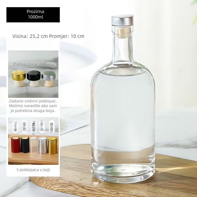 Staklene boce za vodku i alkohol, prozirno zatvorene boce za voćna vina i šljivovo vino