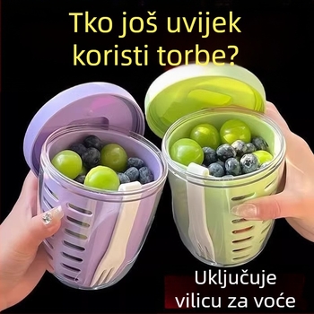Dvoslojni prijenosni čašica za voće i salatu s vilicom, s odvodom, zatvoreni piknik spremnik