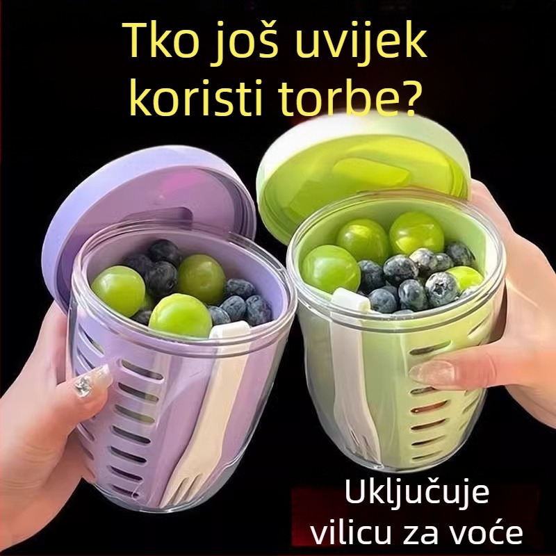 Dvoslojni prijenosni čašica za voće i salatu s vilicom, s odvodom, zatvoreni piknik spremnik