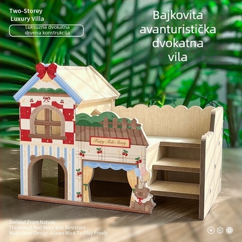 Drvena vila za hamstere s skrivenim kutkom, platformom i penjačkom – interaktivna unutarnja igračka
