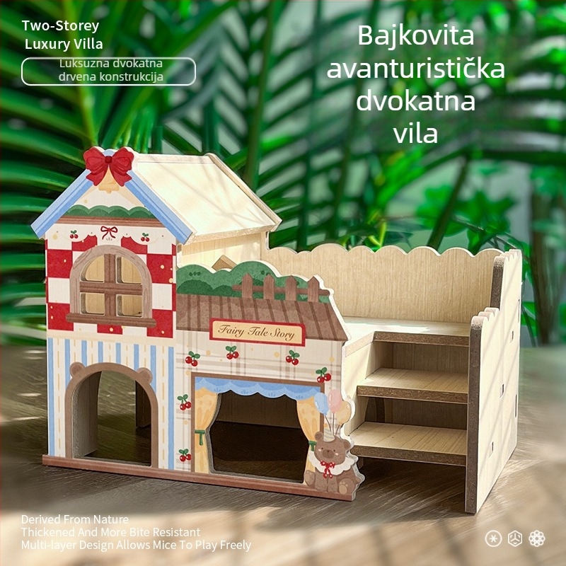 Drvena vila za hamstere s skrivenim kutkom, platformom i penjačkom – interaktivna unutarnja igračka