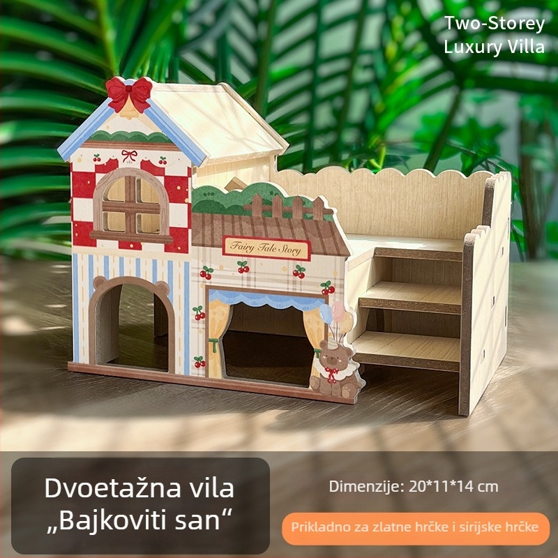 Drvena vila za hamstere s skrivenim kutkom, platformom i penjačkom – interaktivna unutarnja igračka