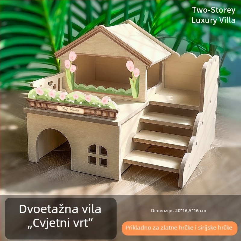 Drvena vila za hamstere s skrivenim kutkom, platformom i penjačkom – interaktivna unutarnja igračka