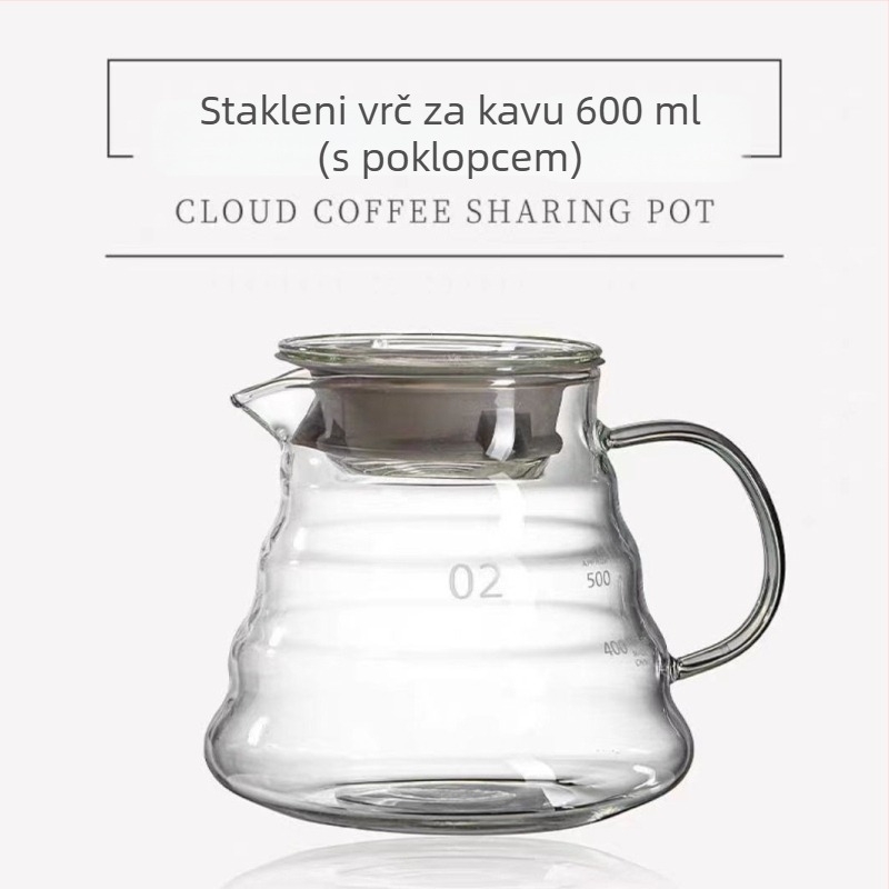 Stakleni set za kavu pour-over: kanvica u obliku oblaka, čašica za dijeljenje i mjerni bokal — kompaktan mali set od borosilikatnog stakla