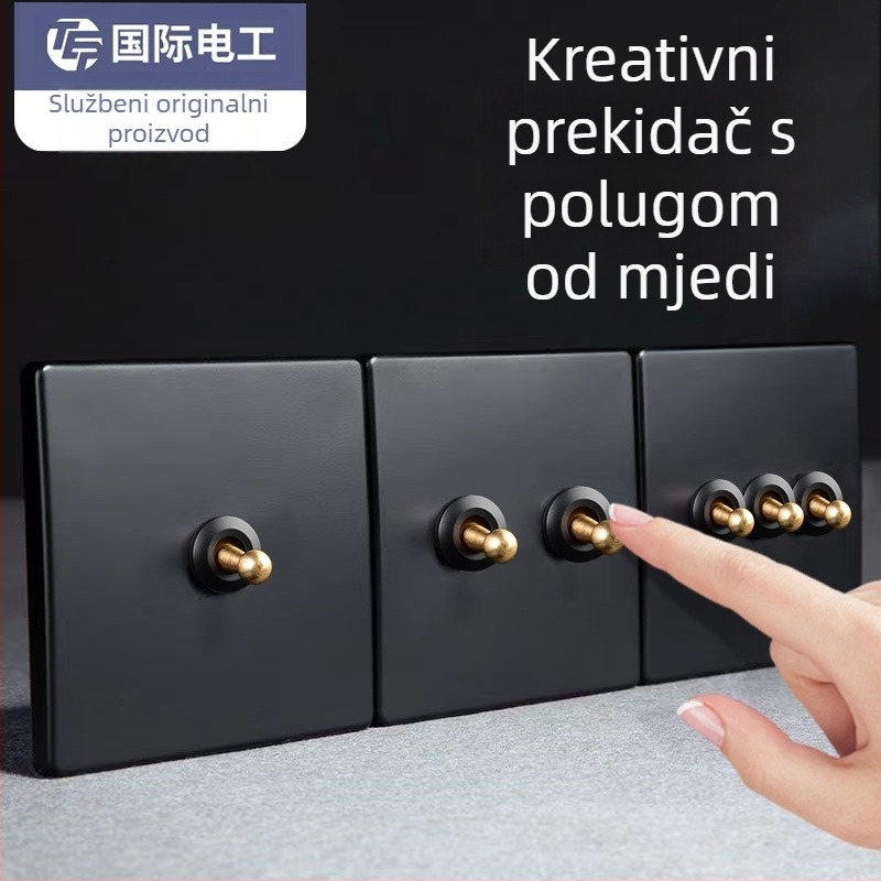 International Electrician 86-type crni mesingasti prekidač s polugom u francuskom stilu, retro industrijski dizajn, utičnice za hotele i kuće za goste